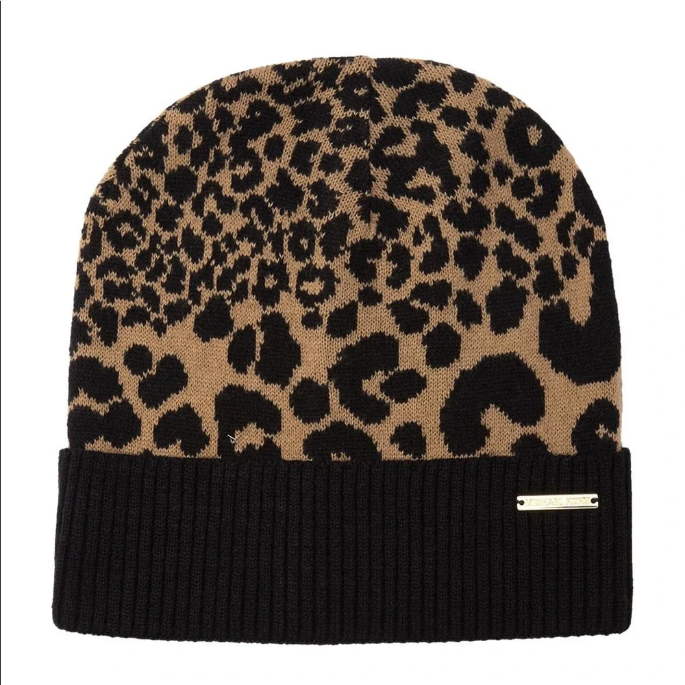 MICHAEL Michael KORS LEOPARD PRINT KNIT CUFFED BEANIE BLACK BROWN NWOT